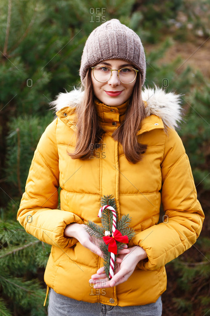The young female woman in a yellow winter jacket is standing between the pine trees in the  green forest and holding Christmas cane candy