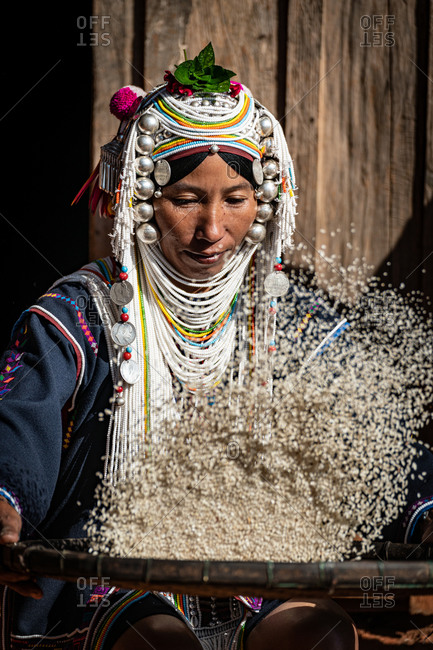 AKHA HILL TRIBE, HOKYIN VILLAGE, MYANMAR - 19 November 2019: Woman in traditional costume thrashing rice.