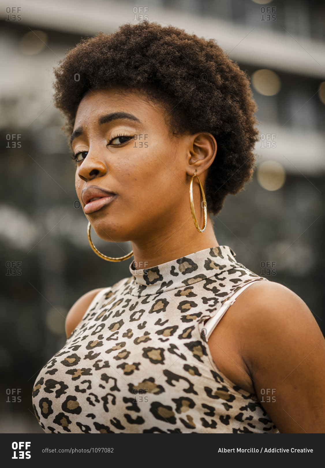 Low angle of confident stylish young African American female with curly hair dressed in jeans and crop top with animal print looking at camera while standing on urban street
