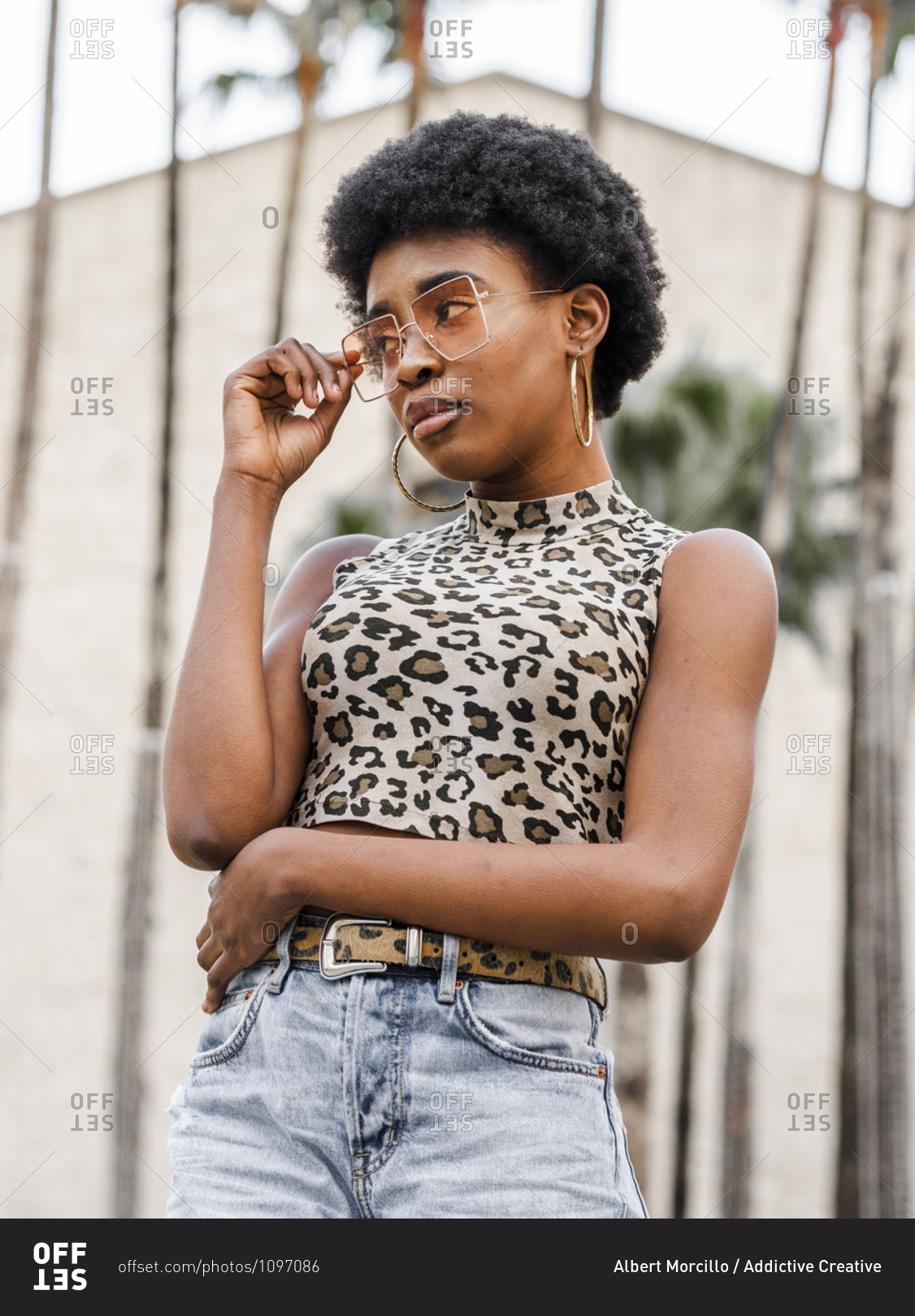 Confident stylish young African American female with curly hair dressed in jeans and crop top with animal print n casual outfit and trendy sunglasses looking away while standing on urban street