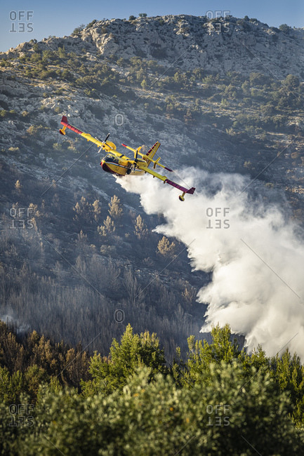Firefighting airplane pouring water on forest