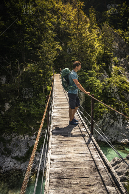 Man standing on footbridge in landscape