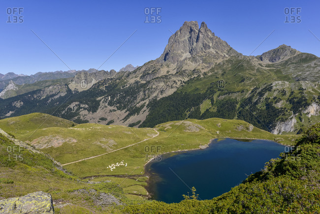 Lac du Miey and Pic Midi d'Ossau seen from the GR10 hiking trail in the French Pyrenees