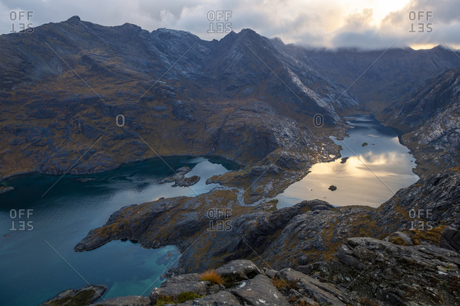Loch Coruisk and the main Cuillin ridge seen from the top of Sgurr Na Stri on the Isle of Skye in the Scottish Highlands