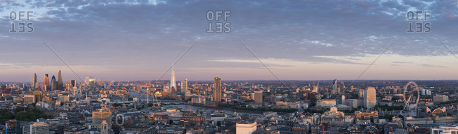 London, United Kingdom - August 21, 2015: A view of London and the Thames river from the top of Centre Point tower. The Shard, Tate Modern and Tower Bridge are visible.