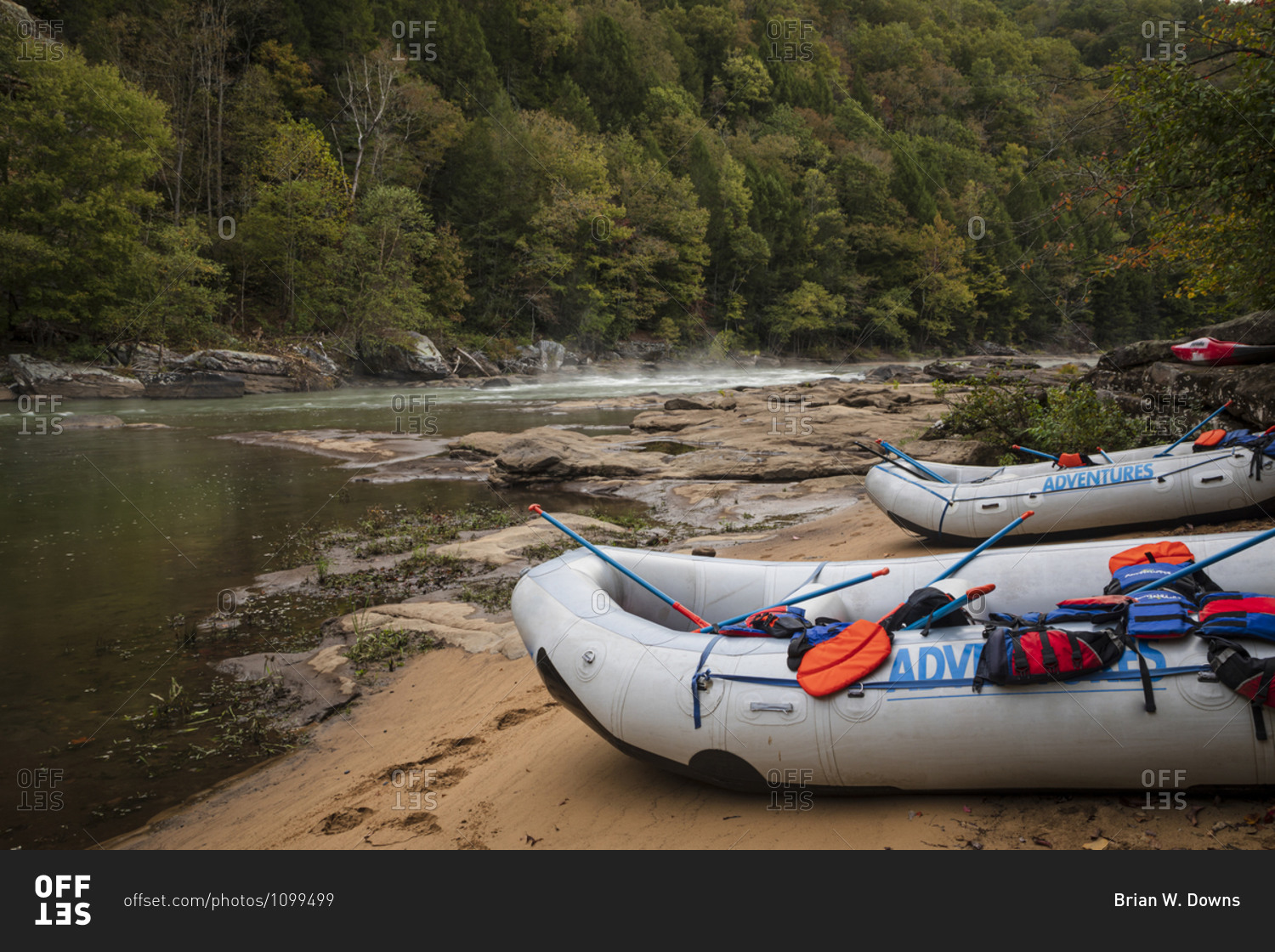 Inflatable rafts on the shore at Gauley River National Recreation Area, Fayetteville, West Virginia