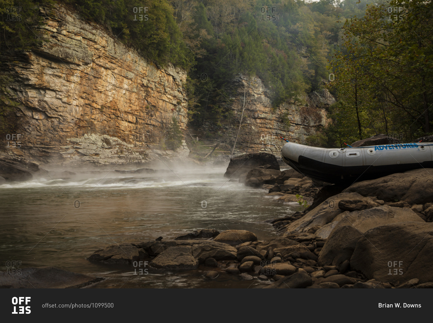 Boats on the foggy shore at Gauley River National Recreation Area, Fayetteville, West Virginia