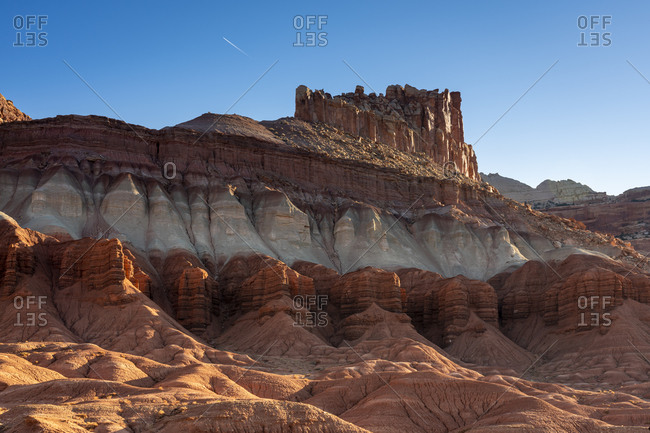 Low angle view of The Castle rock formation at sunrise, Capitol Reef National Park, Utah, USA