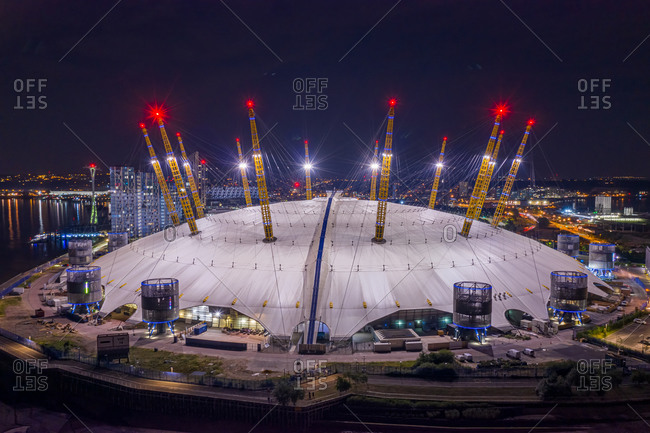 July 4, 2019: London, United Kingdom29 December 2020: Aerial view of the O2 arena in London city center at night, England.