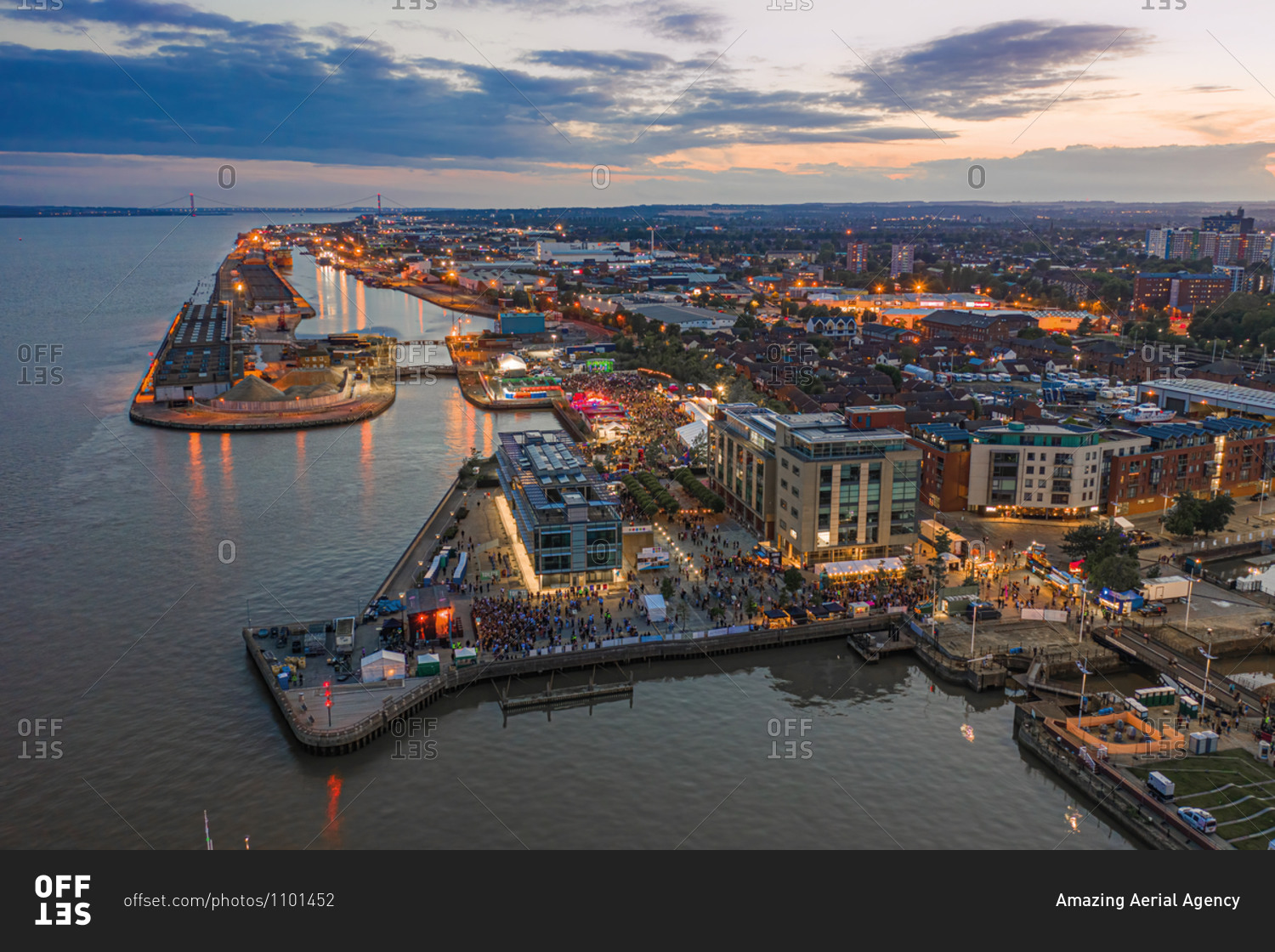 Aerial view of Hull city center and the harbor along the Humber river at sunset, United Kingdom.