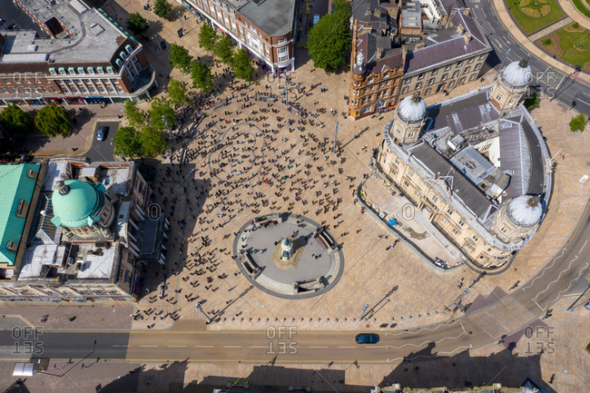 June 4, 2020: Aerial view of a large group of people standing in Queen Victoria square in Hull city center, United Kingdom.