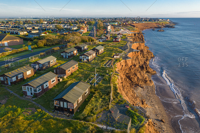 Aerial view of a small group of houses in Withernsea county coastline. United Kingdom.