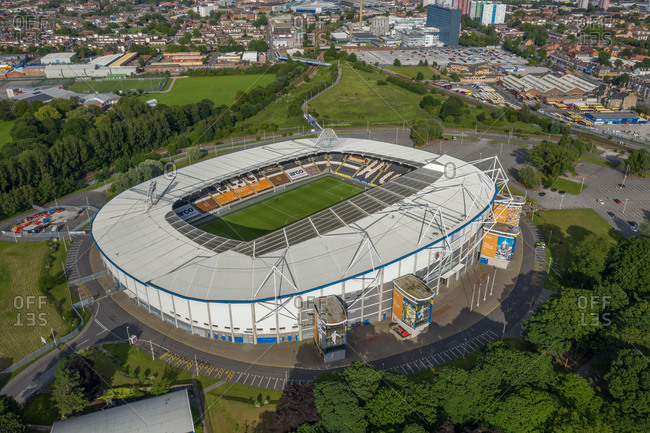 June 20, 2020: Hull, England20 June 2020: Aerial view of the KCOM football stadium in Hull countryside near Kingston upon Hull, United Kingdom