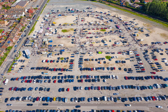 Aerial view of a busy flee market near the city of Hull, United Kingdom.
