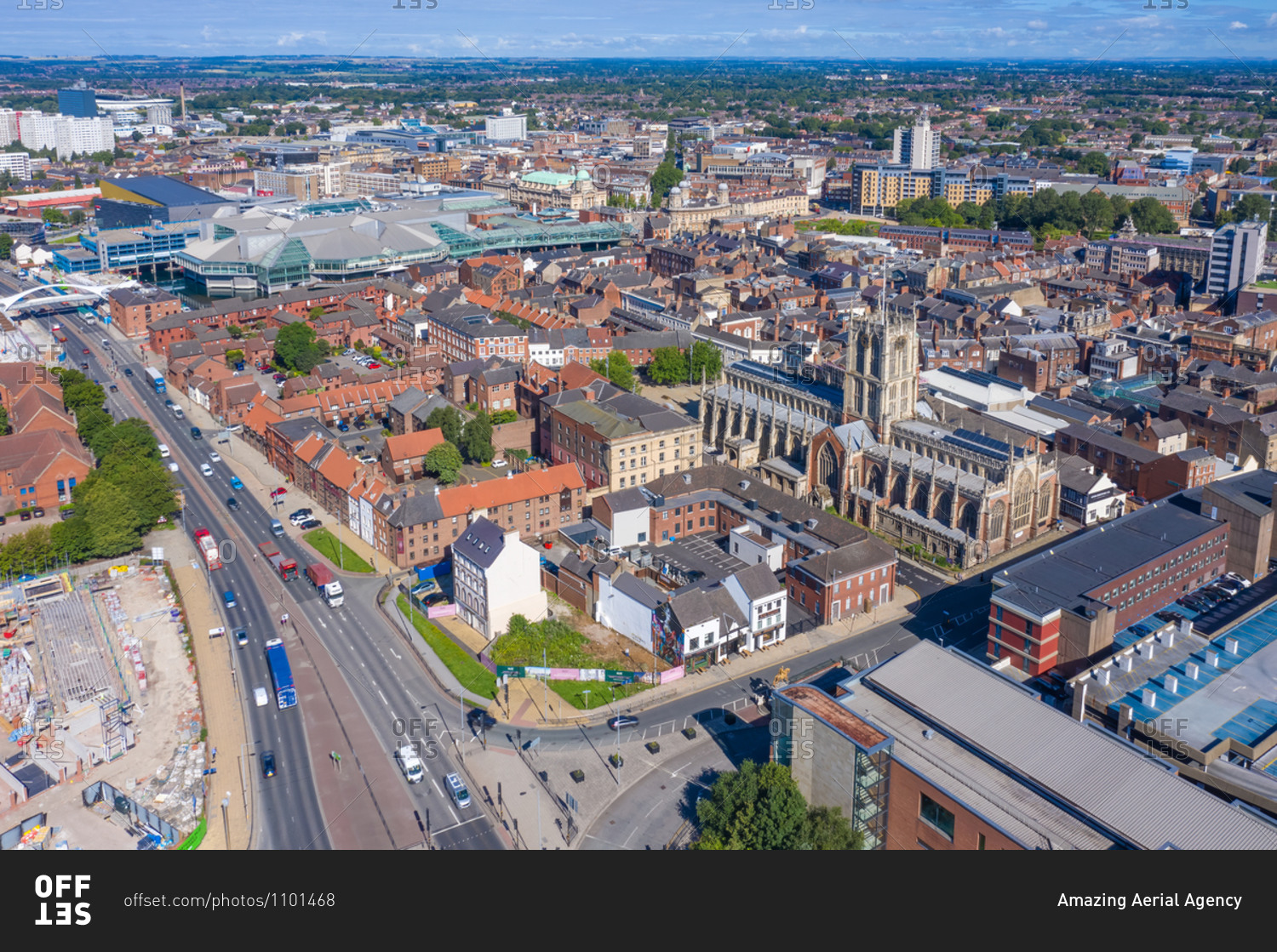 Aerial view of the city of Hull with the Hull Minster parish church in the background, United Kingdom.