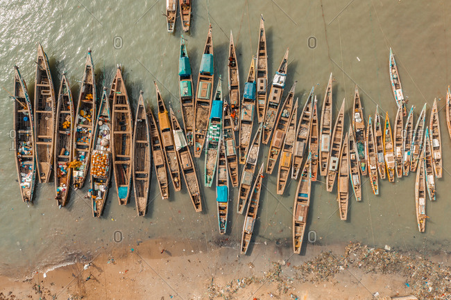 Aerial view of traditional fishing boat in Tombo city on Yawri bay, Sierra Leone.