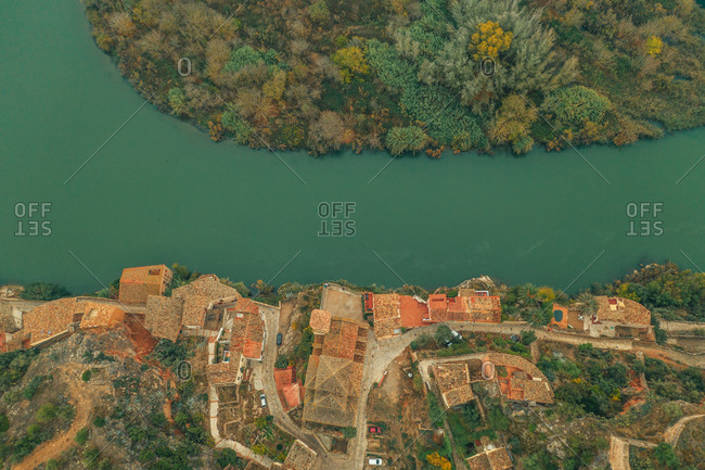 Aerial view of Miravet historical township along the river Ebro, Terragona, Spain.