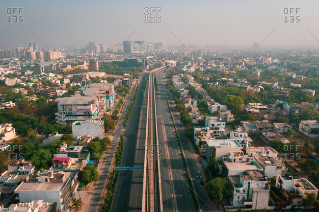 Aerial view of the wide road in Gurugram near New Delhi during lockdown, India.