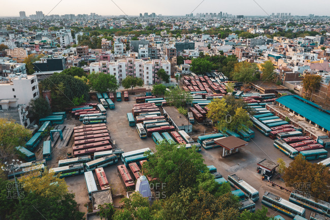 April 16, 2020: Aerial view of Gurugram bus station near the city of New Delhi in Haryana state during lockdown, India.
