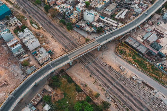 Aerial view of Gurugram residential district with barracs and an empty suspended highway near the city of New Delhi in Haryana state during lockdown, India.