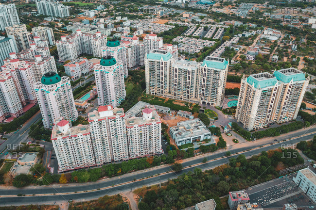 Aerial view of Gurugram residential district near New Delhi in Haryana state, India.