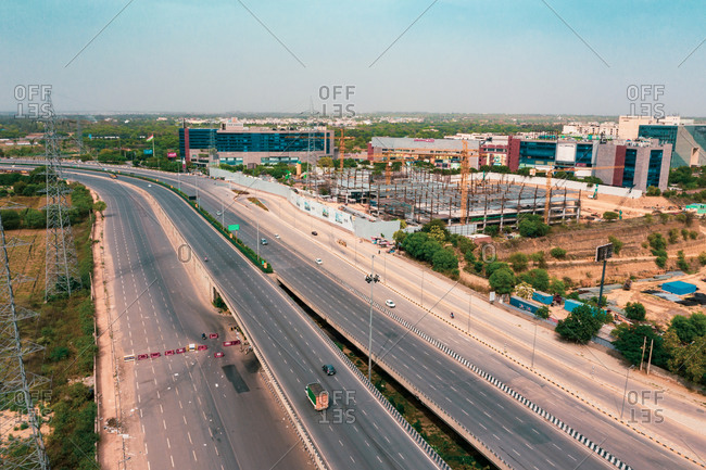 April 18, 2020: Aerial view of an empty highway in Gurugram near New Delhi in Haryana state during lockdown. india.