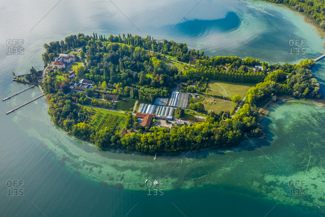 Aerial view of the beautiful little island of Mainau on Lake Constance near the small city of Konstanz, Germany.
