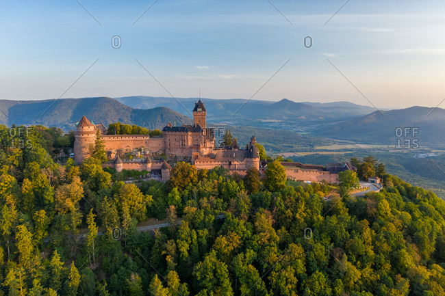 Aerial view of the Chateau du Haut-Koenigsbourg castle at sunset, Orschwiller, France.