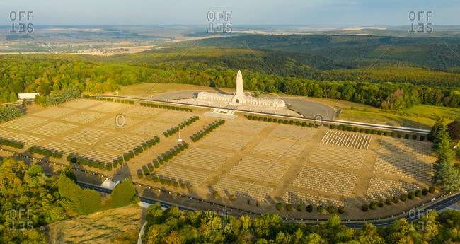 September 16, 2020: Verdun, France16 September 2020: Aerial view of the beautiful and majestic Douaumont Ossuary cemetery in northern region of Lorraine, France