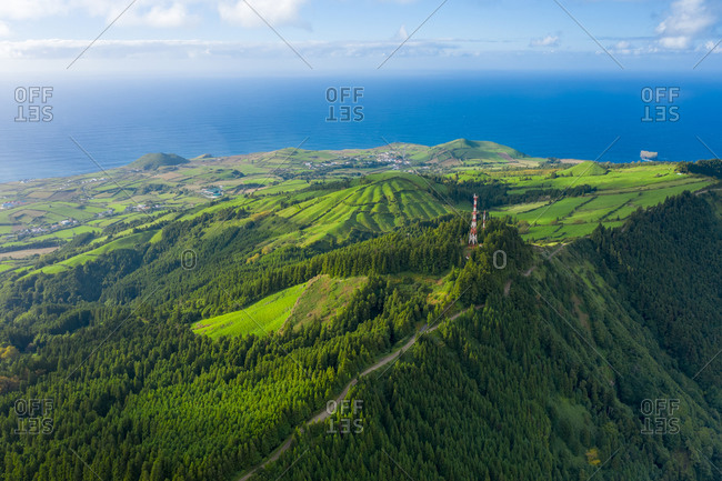 Aerial view of beautiful landscape at the Lagoa Azul on San Miguel Island near Ponta Delgada, Azores.