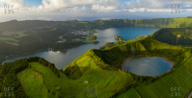 Aerial view of Lagoa Azul lake on San Miguel Island, Azores archipelagos, Portugal.