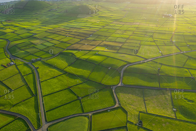 Aerial view of the green fields of Terceira Island countryside in the Azores archipelagos, Portugal.