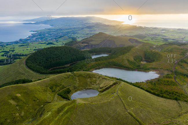 Aerial view of the volcanic landscape on Sao Miguel Island. Azores archipelagos, Portugal.