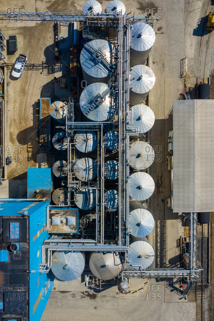 Aerial view of a petrol chemical processing plant and storage facilities.