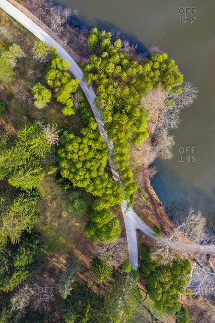 Aerial view of pathway along the Lake Marmo in Wheaton, Chicago, Illinois, United States of America.