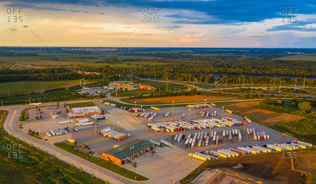 Aerial view of a huge parking lot with trucks in Wilmington near Chicago, Illinois, United States of America.