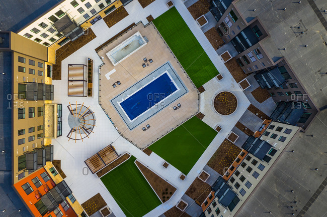 Aerial view of a geometric residential building in Chicago, Illinois. United States of America.