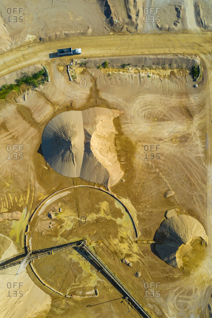 Aerial view of the sandy shapes of a quarry in Blackberry Township, Illinois, United States of America.