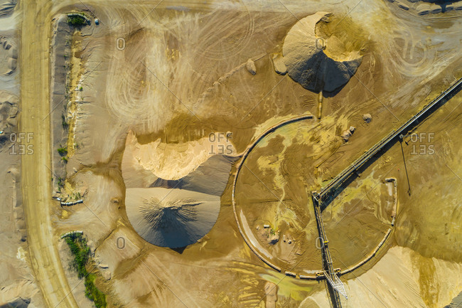 Aerial view of the sandy shapes of a quarry in Blackberry Township, Illinois, United States of America.