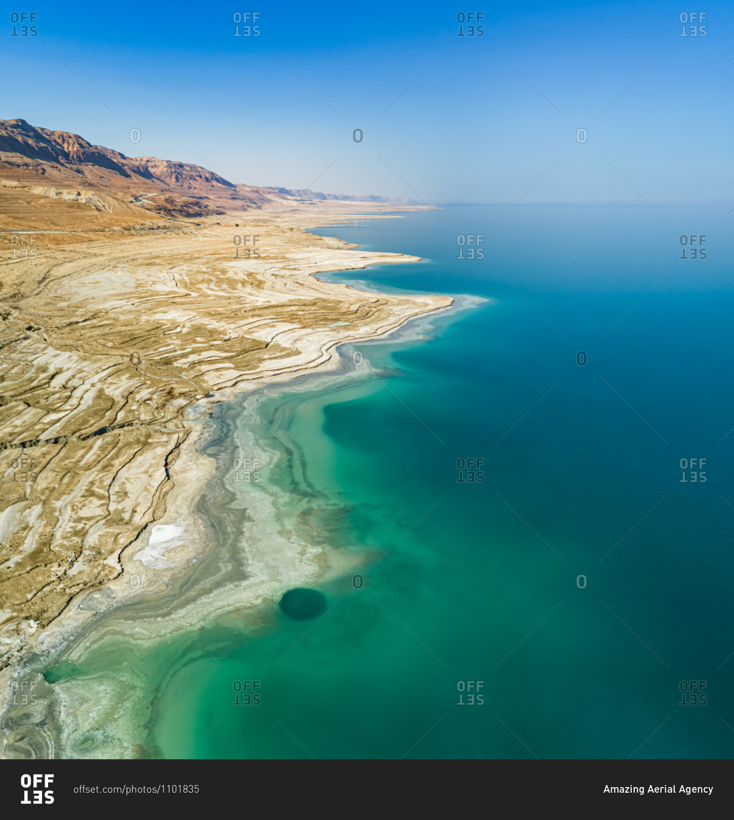 Aerial view of the Dead sea and its growing shoreline as the water ...