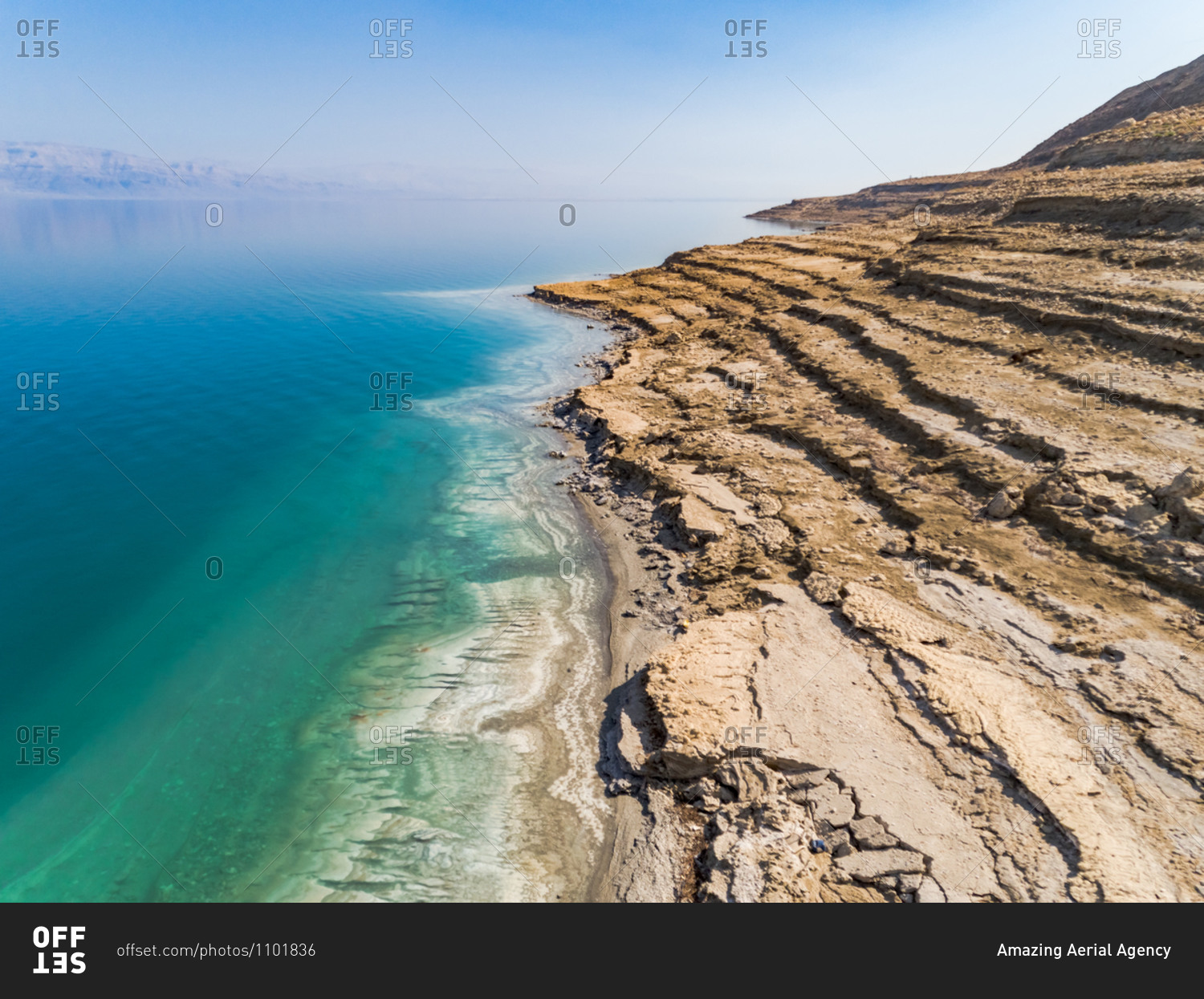 Aerial view of the Dead sea and its growing shoreline as the water level drop rapidly. Jordan Rift Valley, Israel.