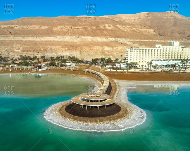 Aerial view in-sea gazebo surrounded by salt water in a hotel area. The Dead sea, Negev, Israel.