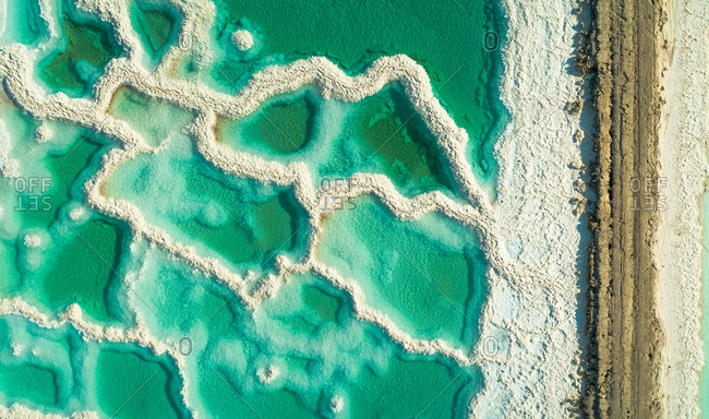 Aerial view of salt veins and road at the Dead sea, Negev, Israel.