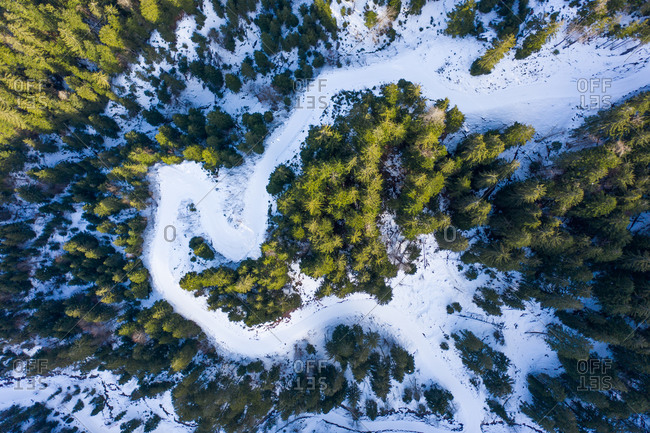 Aerial Top down view of  a snowy road in a forest, during sunset, Fieberbrunn, Tyrol, Austria.