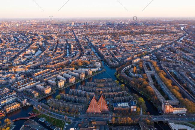 March 22, 2020: Aerial view of The Piramide, The Amsterdam Canals, Amsterdam, The Netherlands.