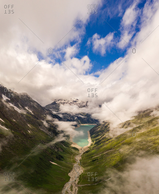 Aerial view of the Cloudy Schlegeisspeicher lake, Tyrol, Austria.