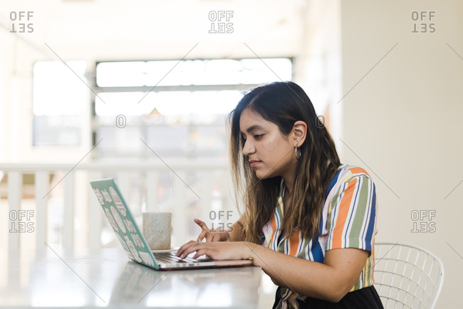 Side shot of an Asian woman working on her laptop at her desk