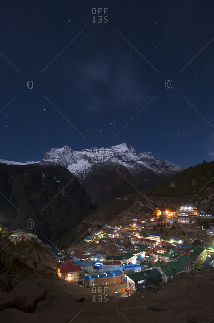 Spectacular Namche Bazaar in the Everest region lit-up at night