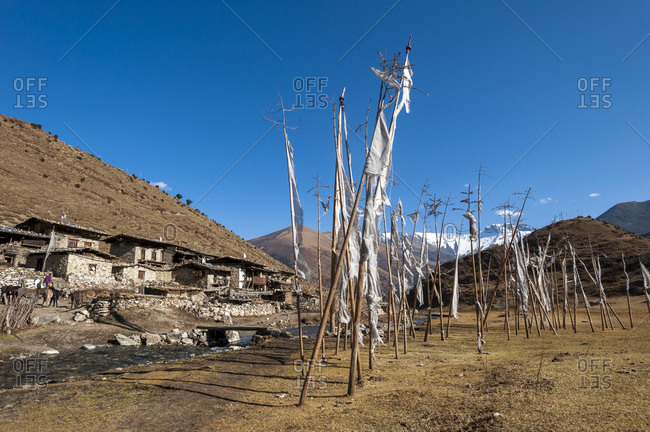 Prayer flags at the small village of Chebisa in northern Bhutan on the Laya-Gasa trekking route