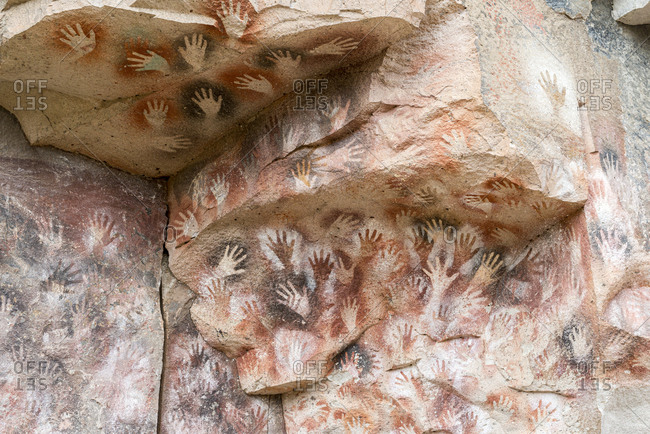 Cueva de las Manos or Cave of the Hands in Patagonia in Argentina. The art in the cave dates from 13,000 to 9,000 years ago.